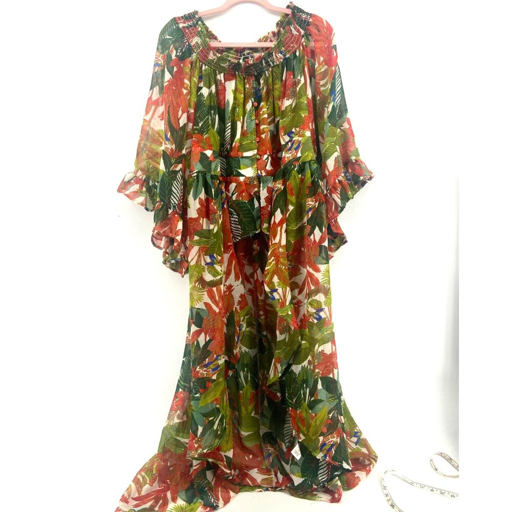 Live 4 Truth Green Red Tropical Print Sheer Blouse